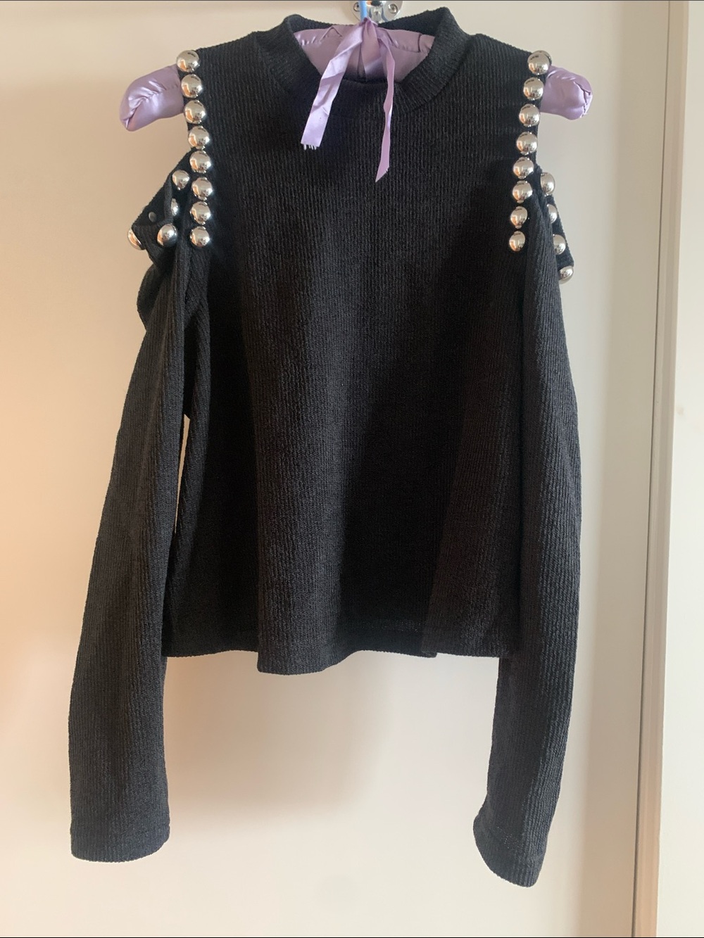 Women Black Cold-Shoulder Turtleneck Sweater with Silver Studs